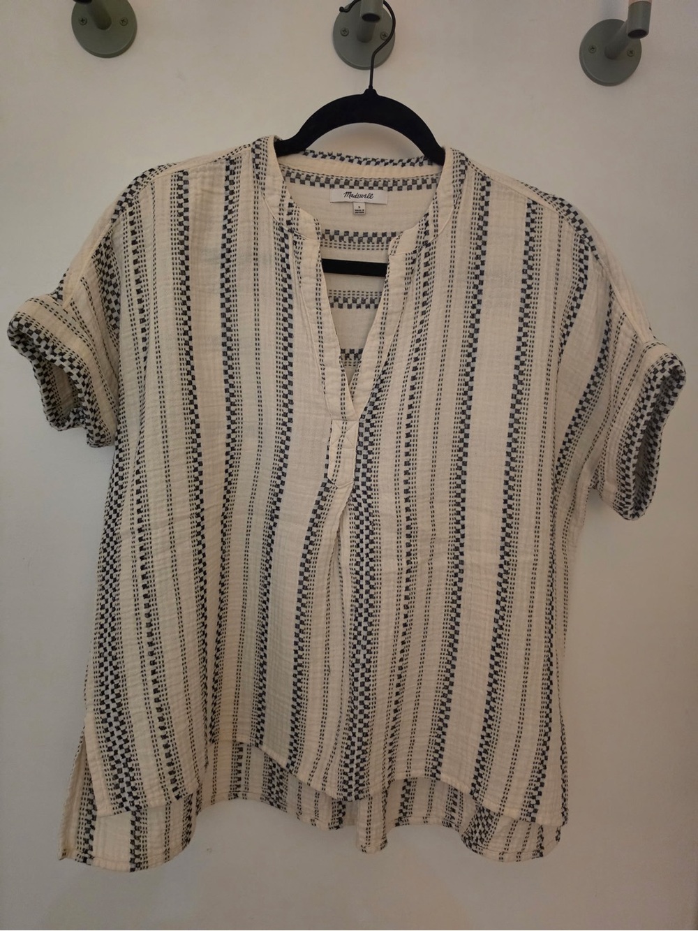 Madewell Cream and Black Striped Short-Sleeve V-Neck Tunic